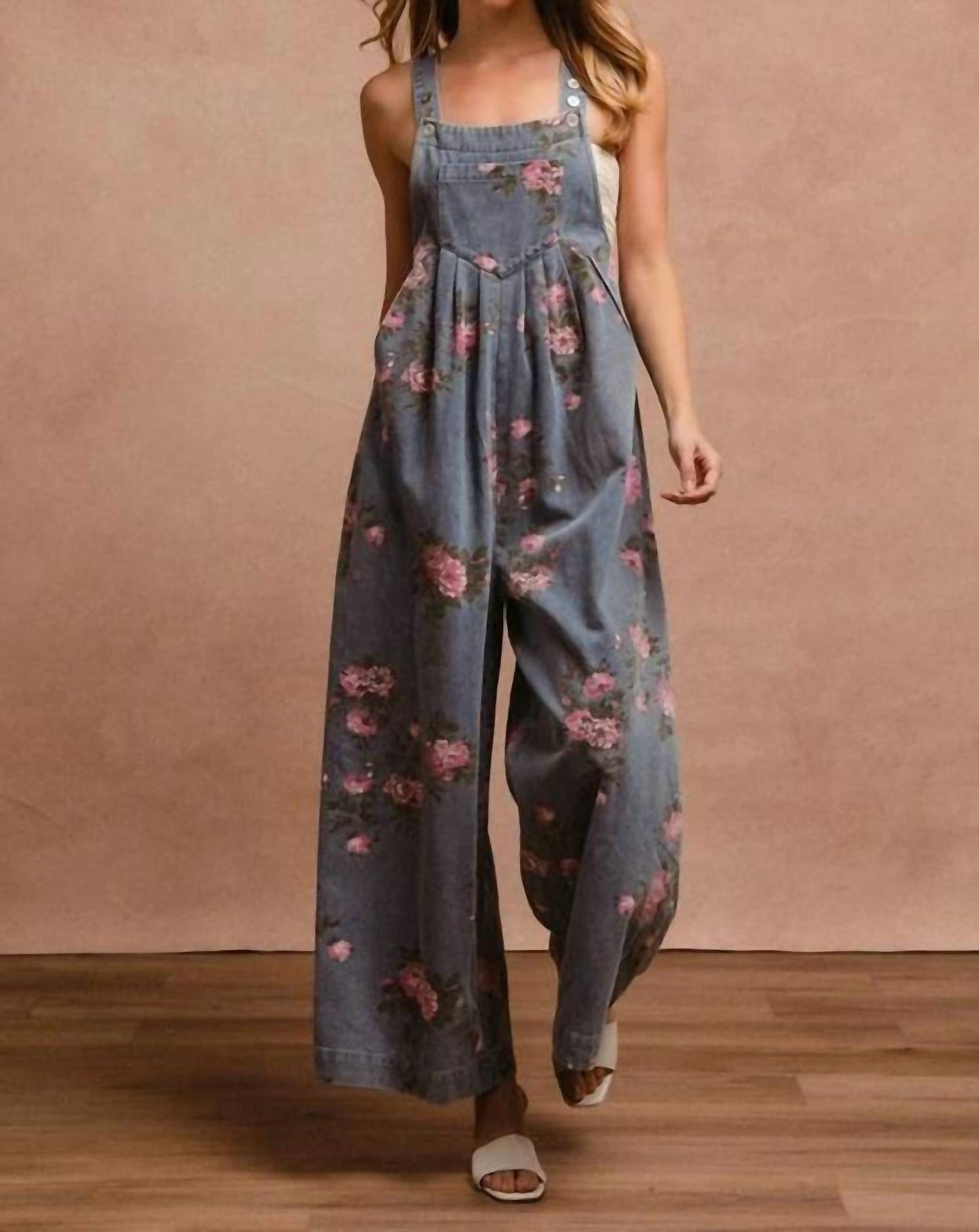 Bibi - Flower Print Washed Denim Wide Leg Jumpsuit