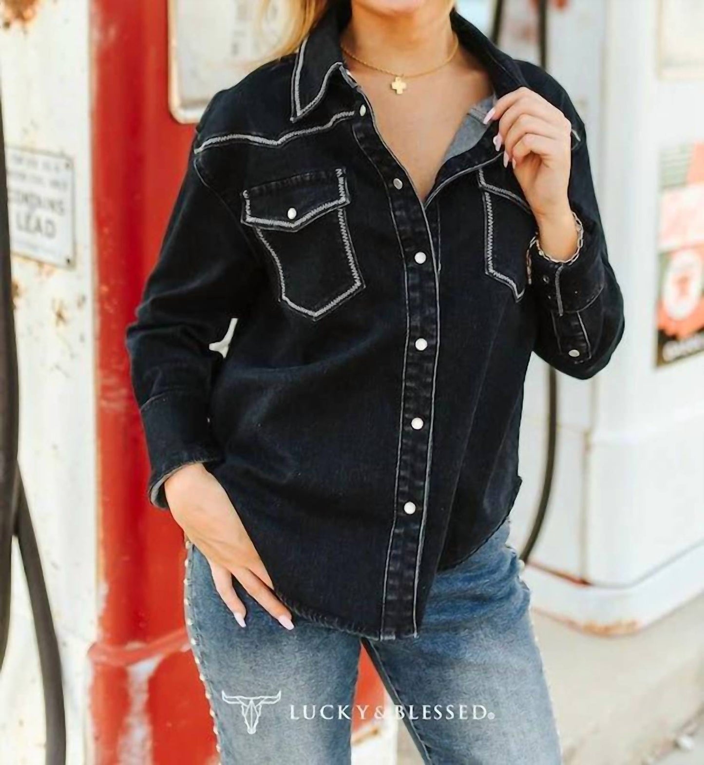 Lucky & Blessed - Contrast Stitching Pearl Snap Denim Western Shirt