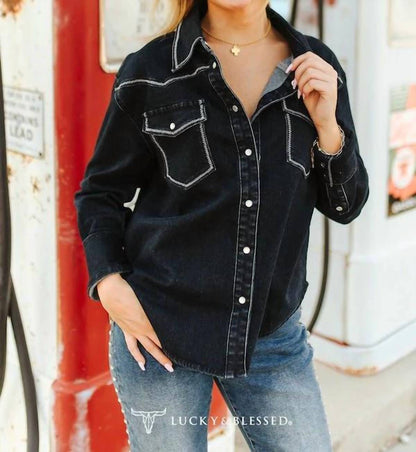 Lucky & Blessed - Contrast Stitching Pearl Snap Denim Western Shirt