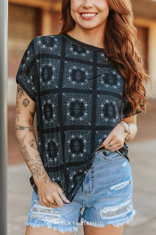 Lucky & Blessed - Western Bandana Print Rolled Cuff Short Sleeve Top