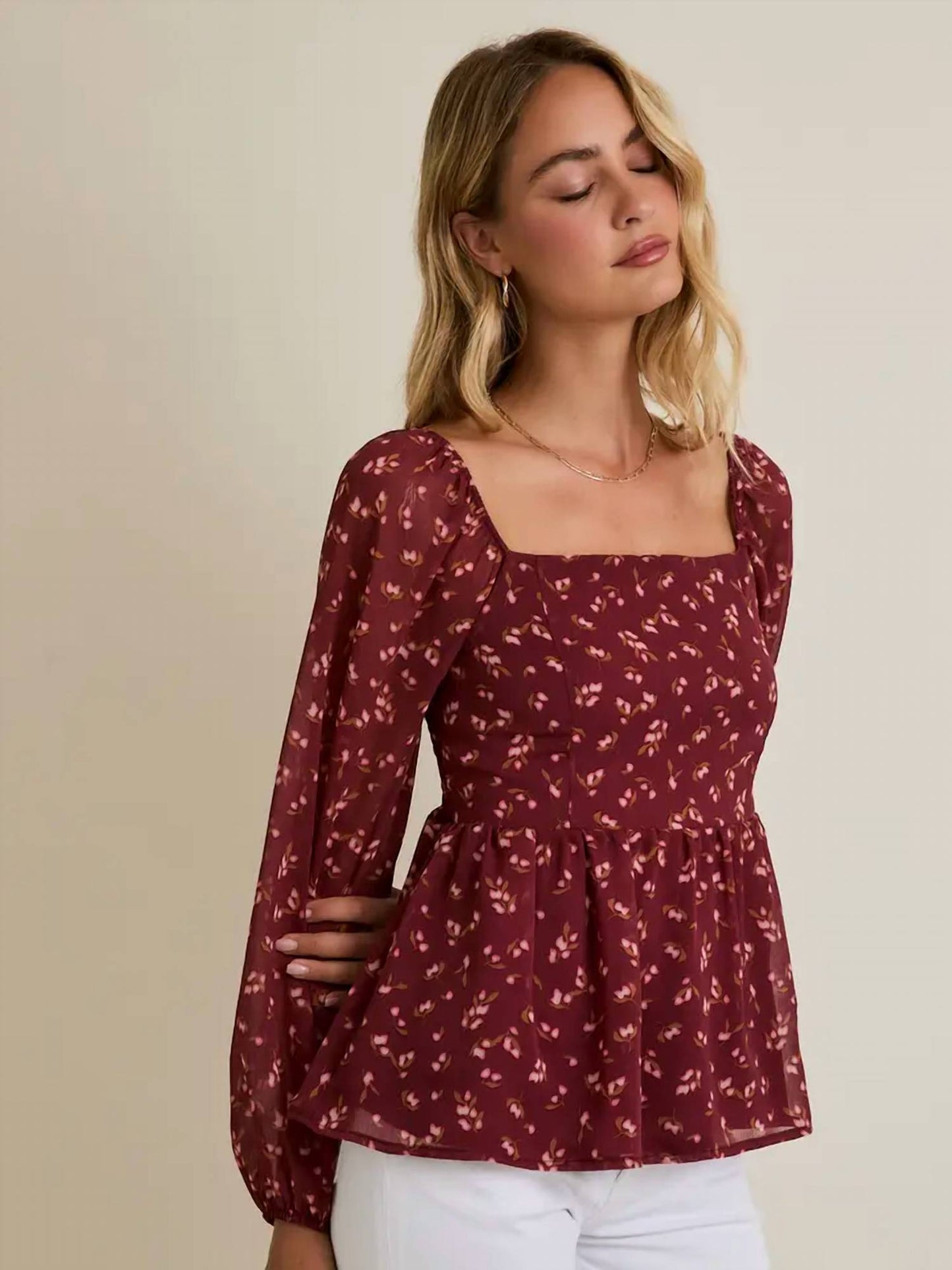 Gilli - Square Neck Puff Long Sleeve Smocking Back Ditsy Top