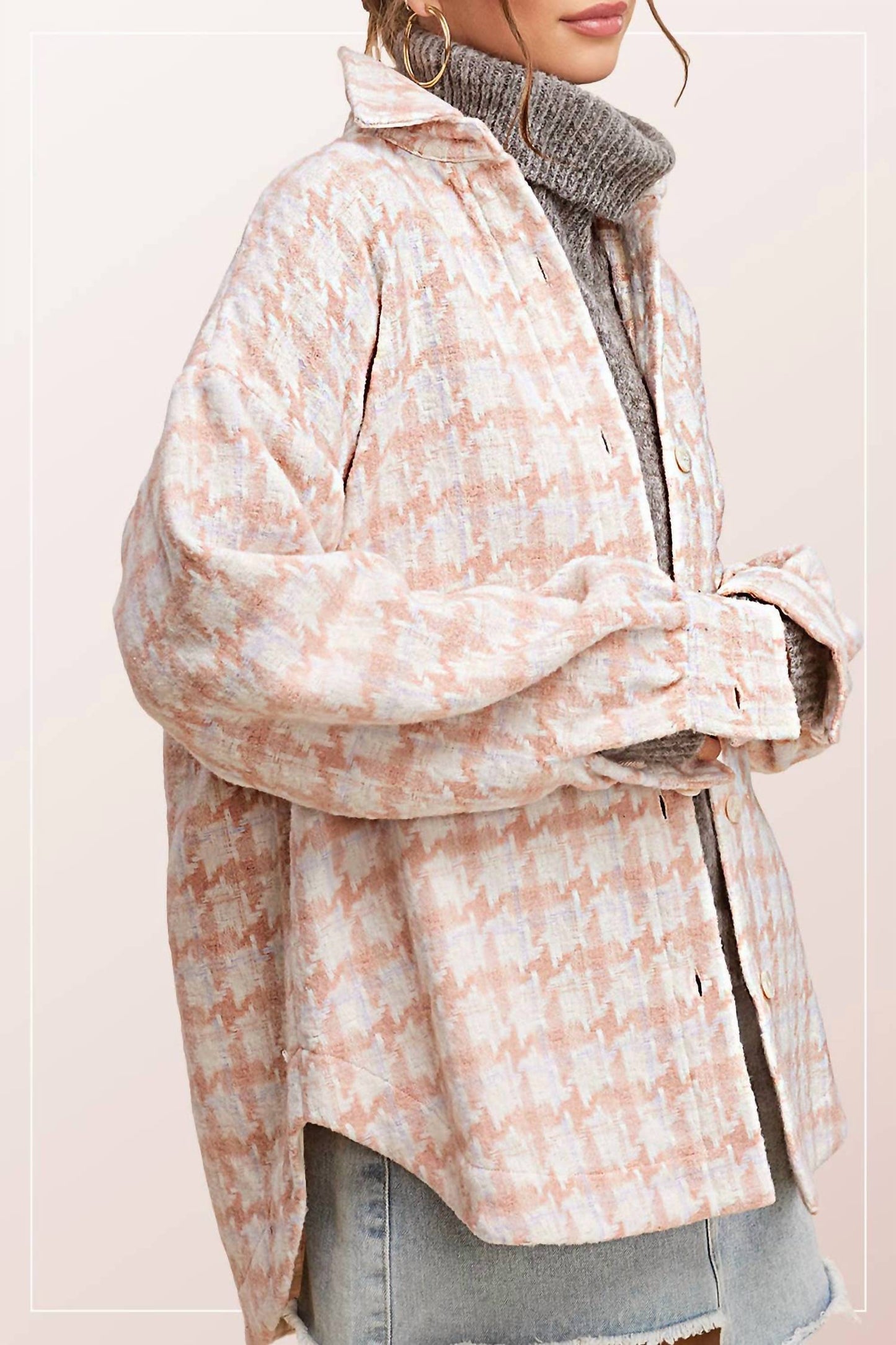 La Miel - Oversized Houndstooth Patterned Soft Brushed Shacket