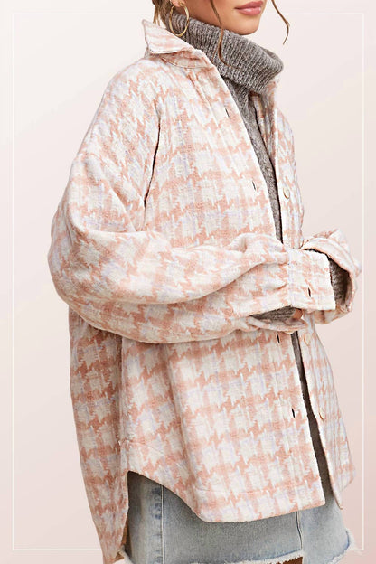 La Miel - Oversized Houndstooth Patterned Soft Brushed Shacket