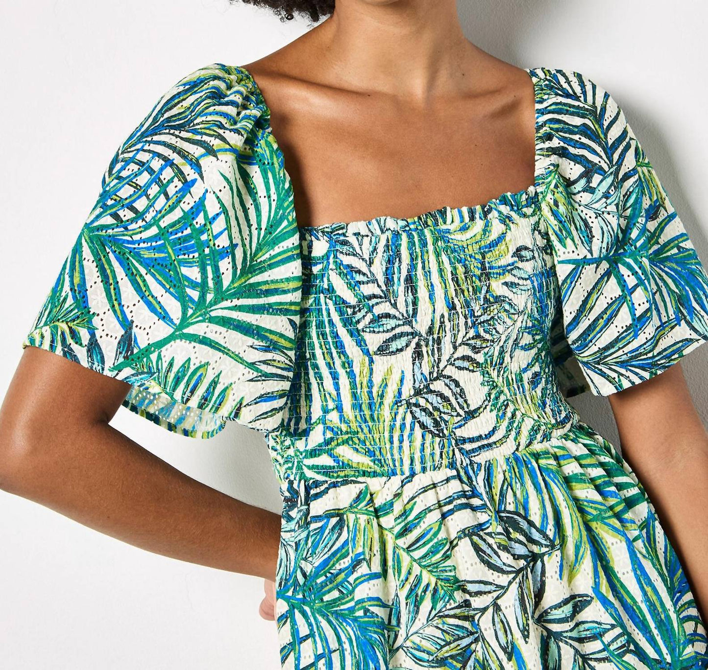 Apricot - Palm Print Cotton Broderie Mini Dress