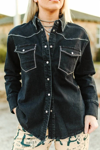 Lucky & Blessed - Contrast Stitching Pearl Snap Denim Western Shirt