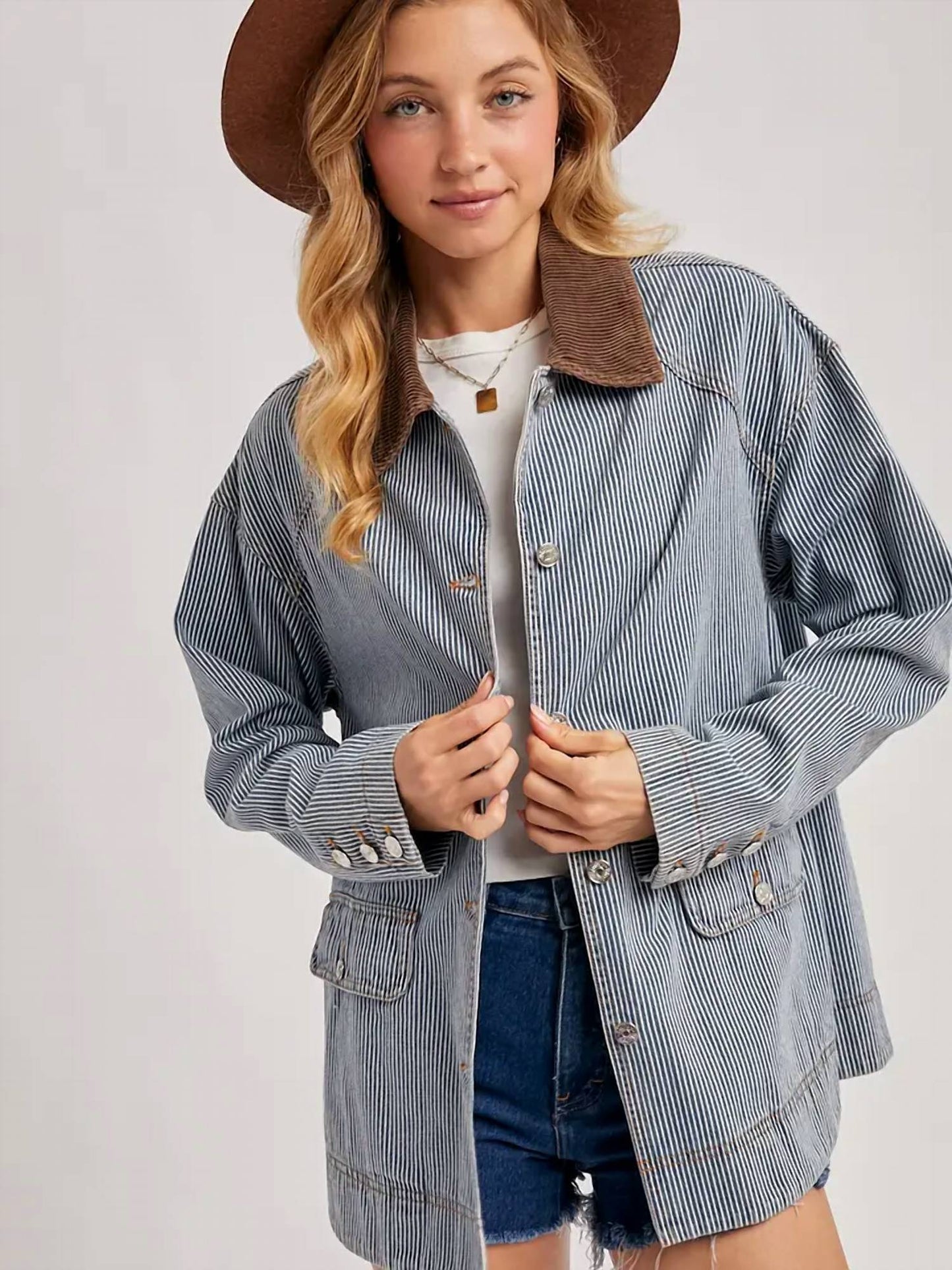 Bluivy - Corduroy Collar Contrast Barn Coat