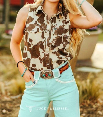Lucky & Blessed - Sleeveless Cowhide Print Denim Western Shirt With Pearl Snaps