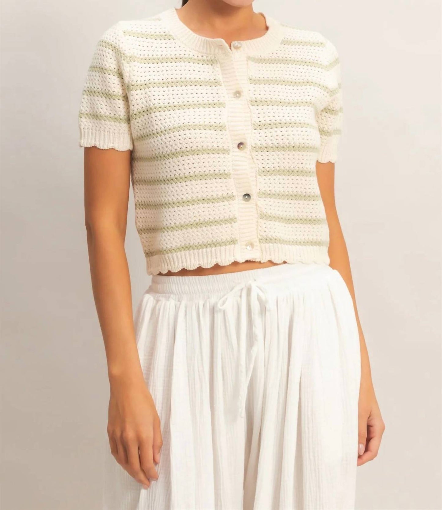 Hyfve - Striped Short Sleeve Cardigan With Scallop Edge