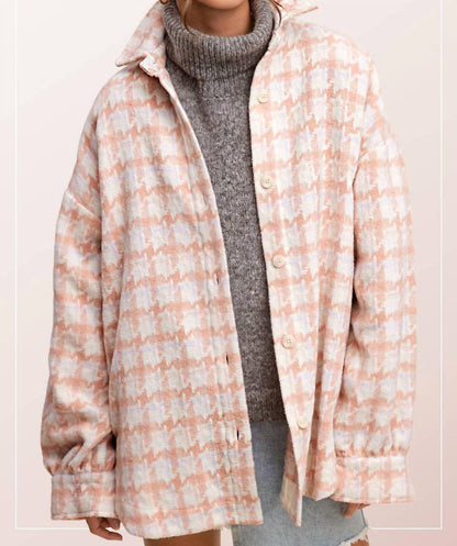 La Miel - Oversized Houndstooth Patterned Soft Brushed Shacket