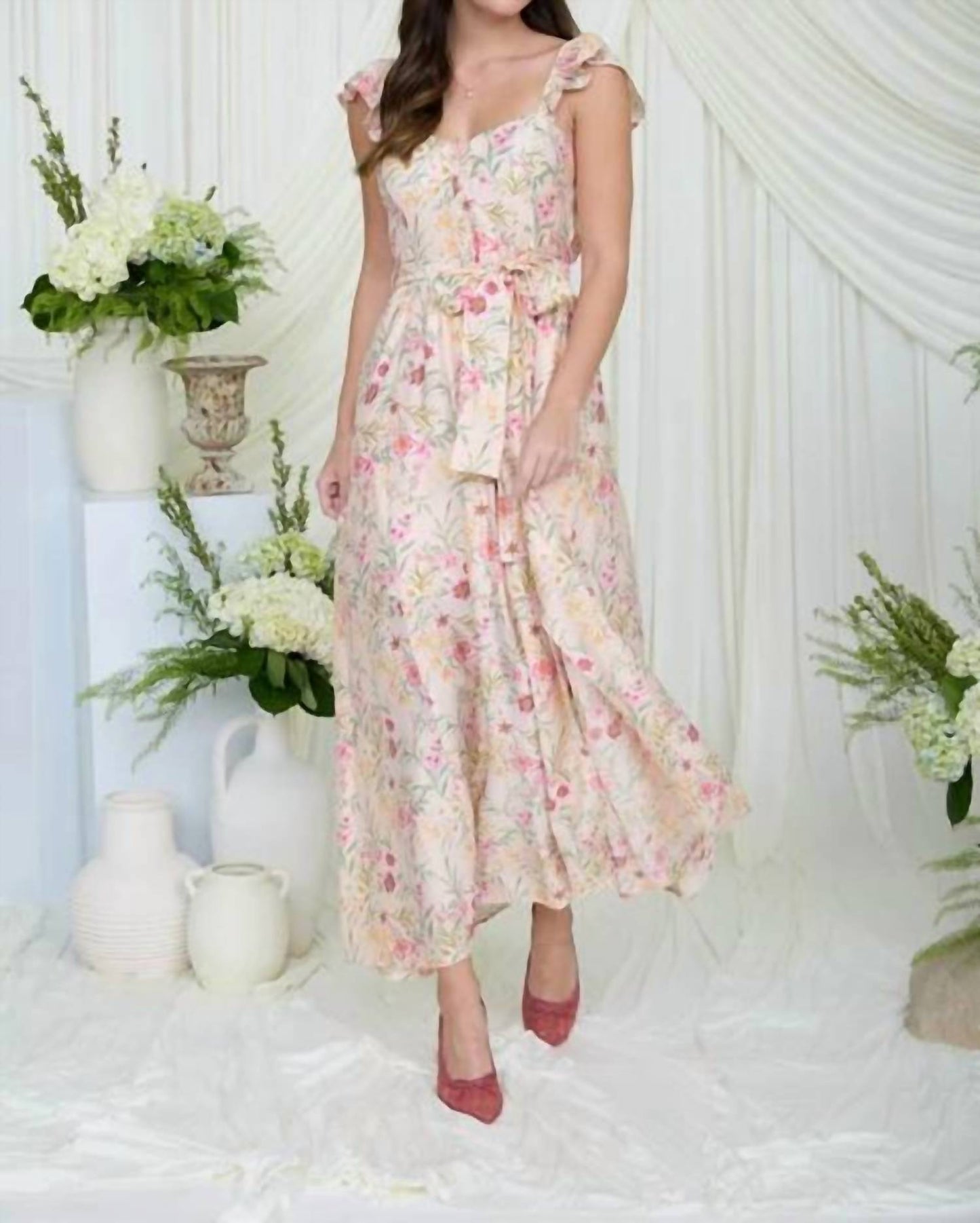 Blu Pepper - Floral Waist Tie Front Slit Sleeveless Midi Dress