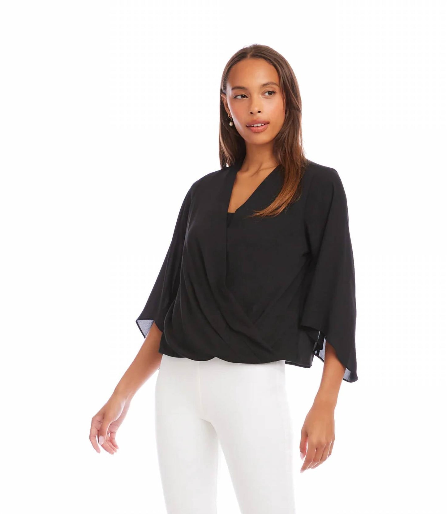 Karen Kane - Bracelet Sleeve Drape Front Crossover Top - Petite