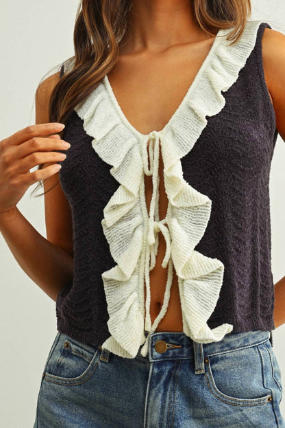 Miou Muse - Crochet Knit Vest Top With Ruffle