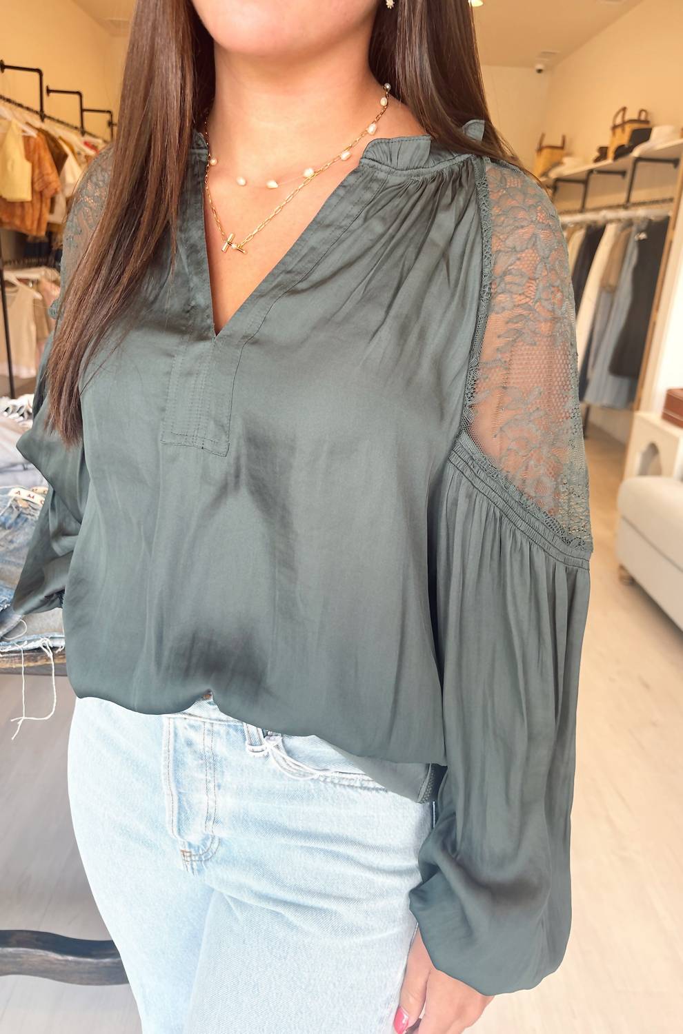 Current Air - Lace Shoulder Contrast Blouse