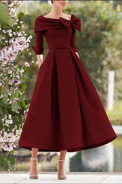 A Line Cowl Neck 3/4 Sleeves Tea Length Elegant Mother Dresses CM0348