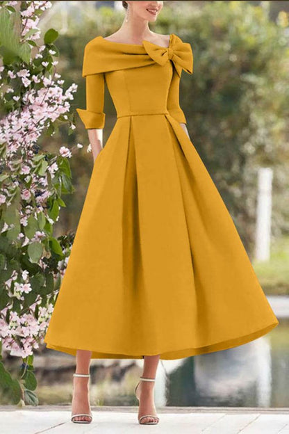 A Line Cowl Neck 3/4 Sleeves Tea Length Elegant Mother Dresses CM0348