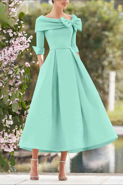 A Line Cowl Neck 3/4 Sleeves Tea Length Elegant Mother Dresses CM0348
