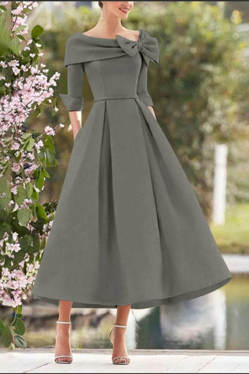 A Line Cowl Neck 3/4 Sleeves Tea Length Elegant Mother Dresses CM0348