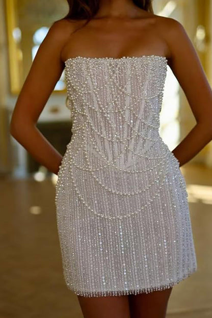 Sheath-Column Strapless Short Pearls Sequin Dress CS1075