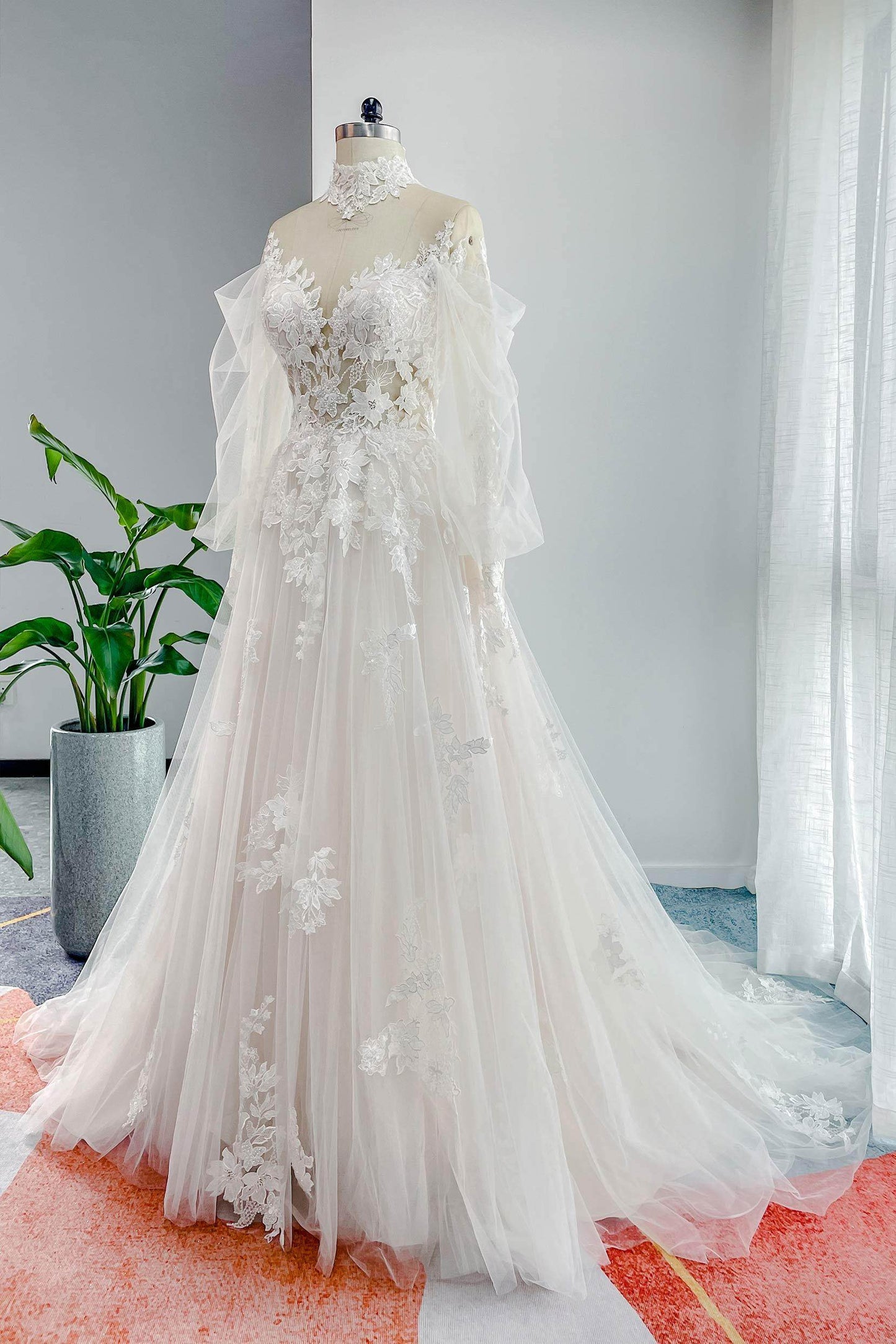 A-Line Court Train Lace Tulle Wedding Dress CW3156