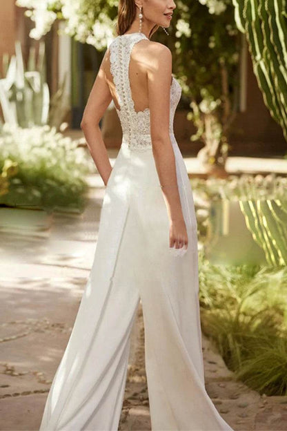 Halter Floor Length Chiffon Wedding Jumpsuit CW3559