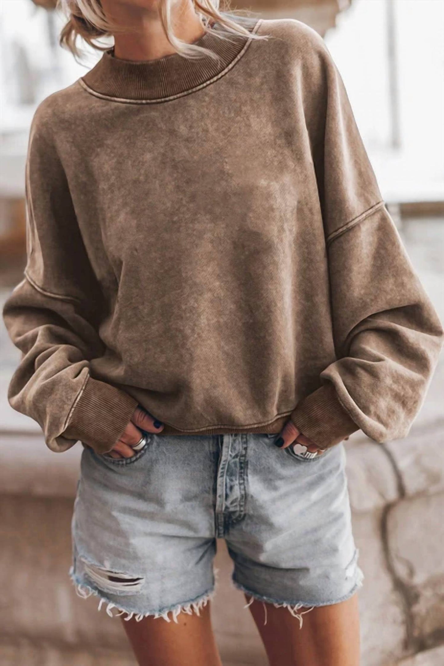 Lovesoft - Solid Color Drop Shoulder Pullover Sweatshirt
