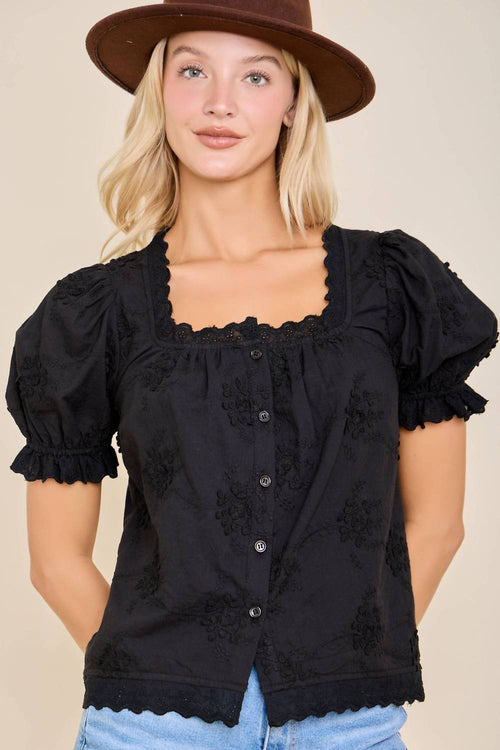 Main Strip - Embroidered Puff Sleeve Button Front Blouse