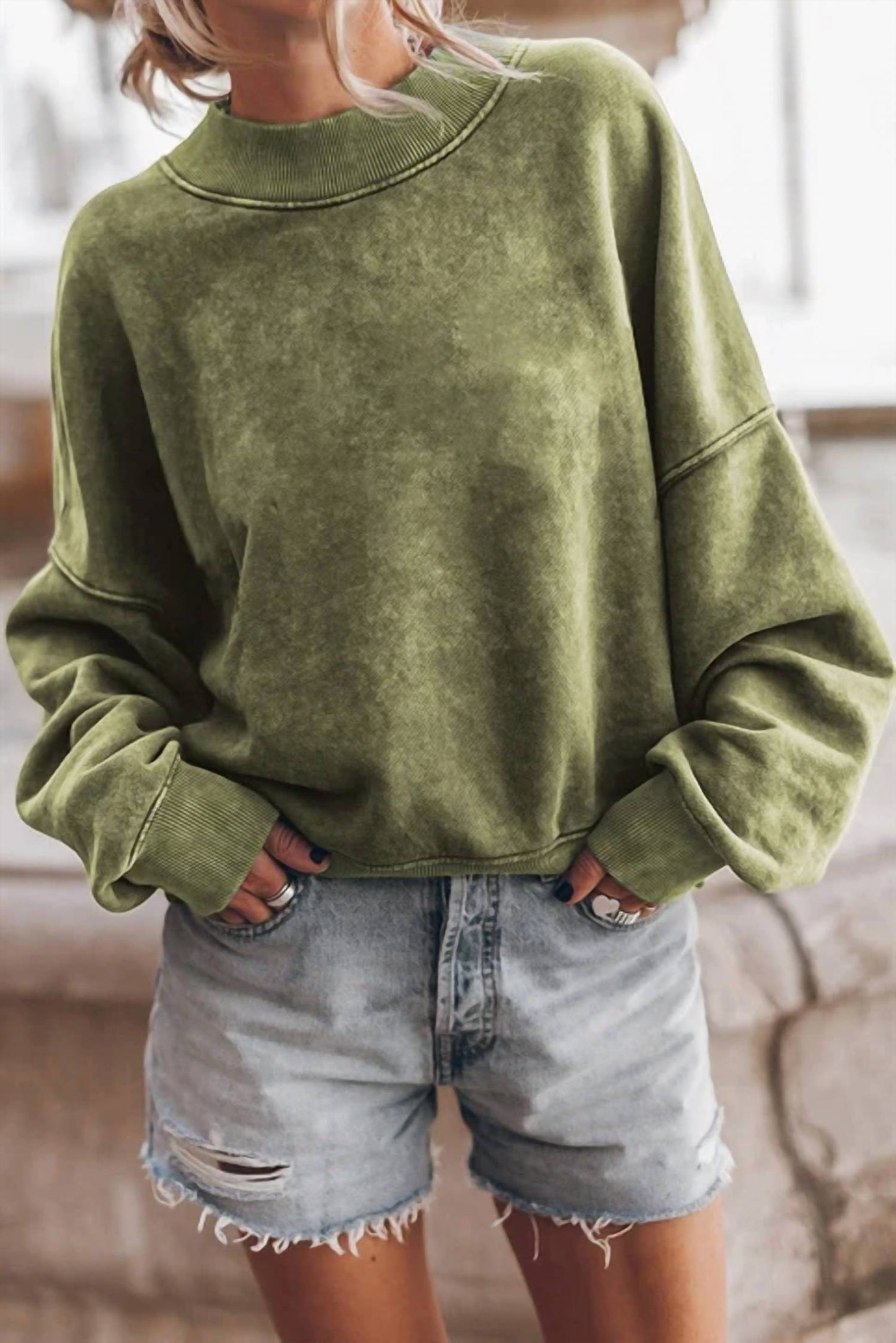 Lovesoft - Solid Color Drop Shoulder Pullover Sweatshirt