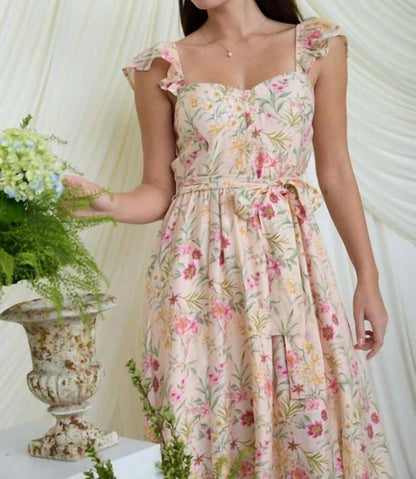 Blu Pepper - Floral Waist Tie Front Slit Sleeveless Midi Dress