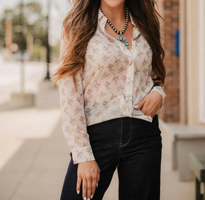 Blue B - Let'r Buck Western Chiffon Button-down Blouse