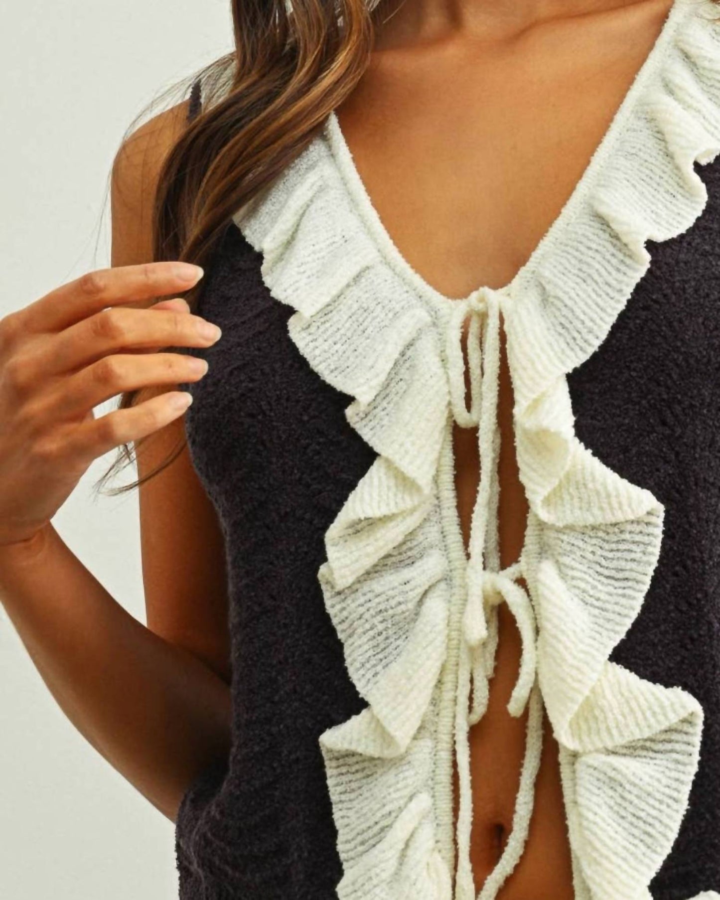 Miou Muse - Crochet Knit Vest Top With Ruffle
