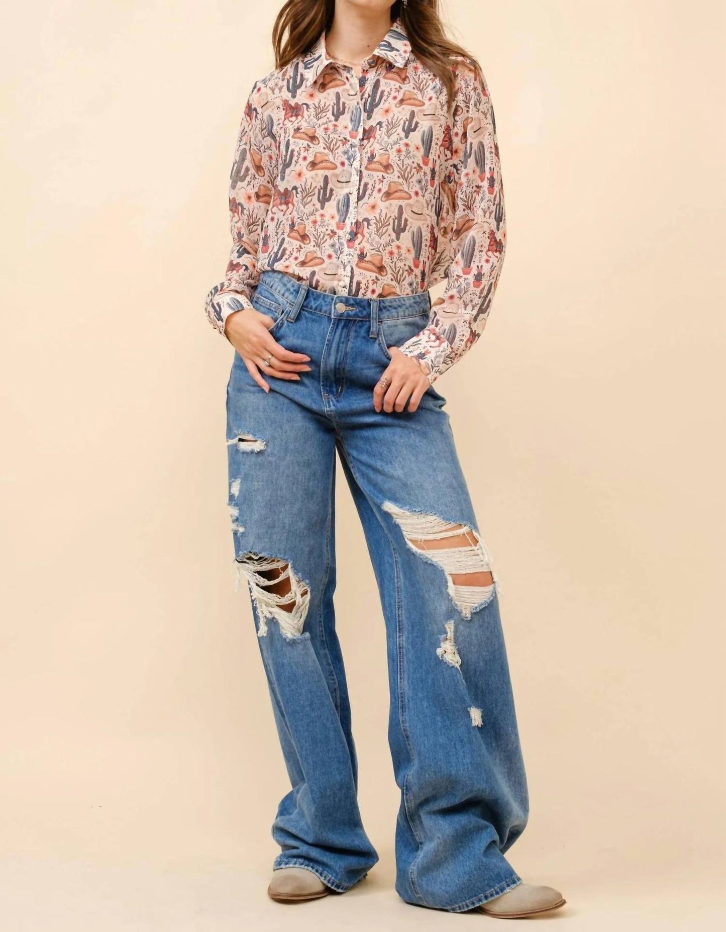 Blue B - Painted Desert Western Chiffon Button-up Blouse