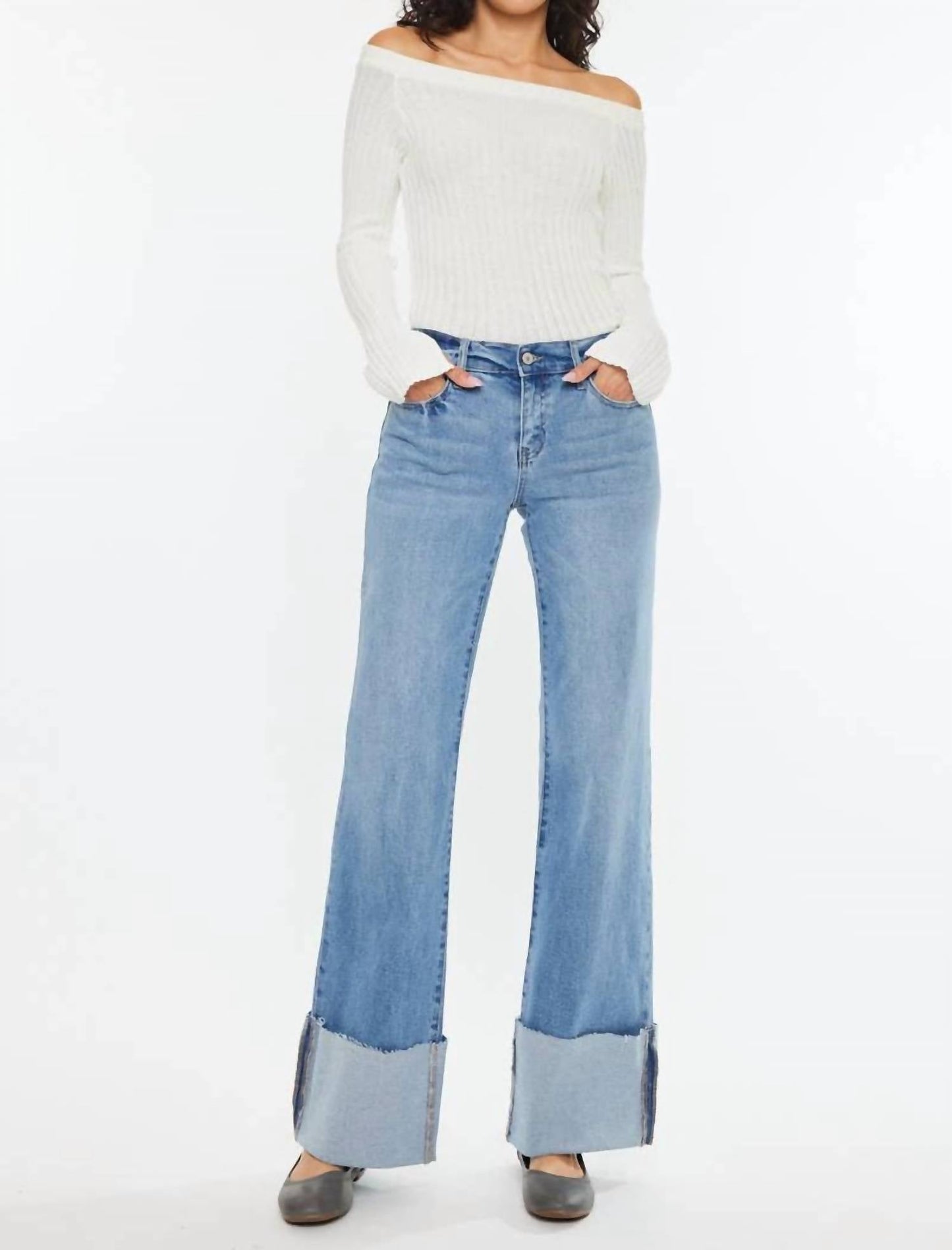 Kancan - Mid Rise Wide Flare Cuff Western Jeans