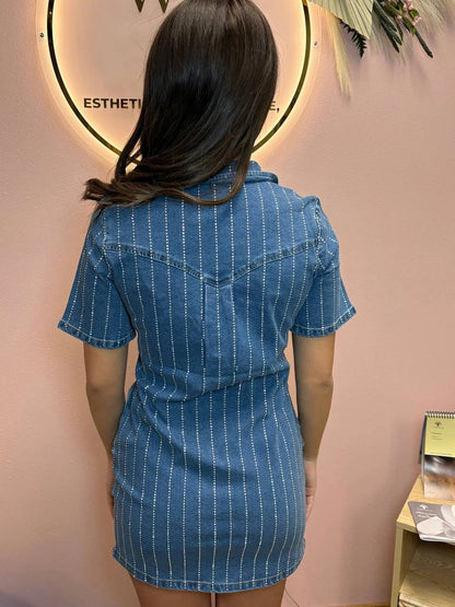 Lucky & Blessed - Denim Rhinestone Striped Western Mini Dress