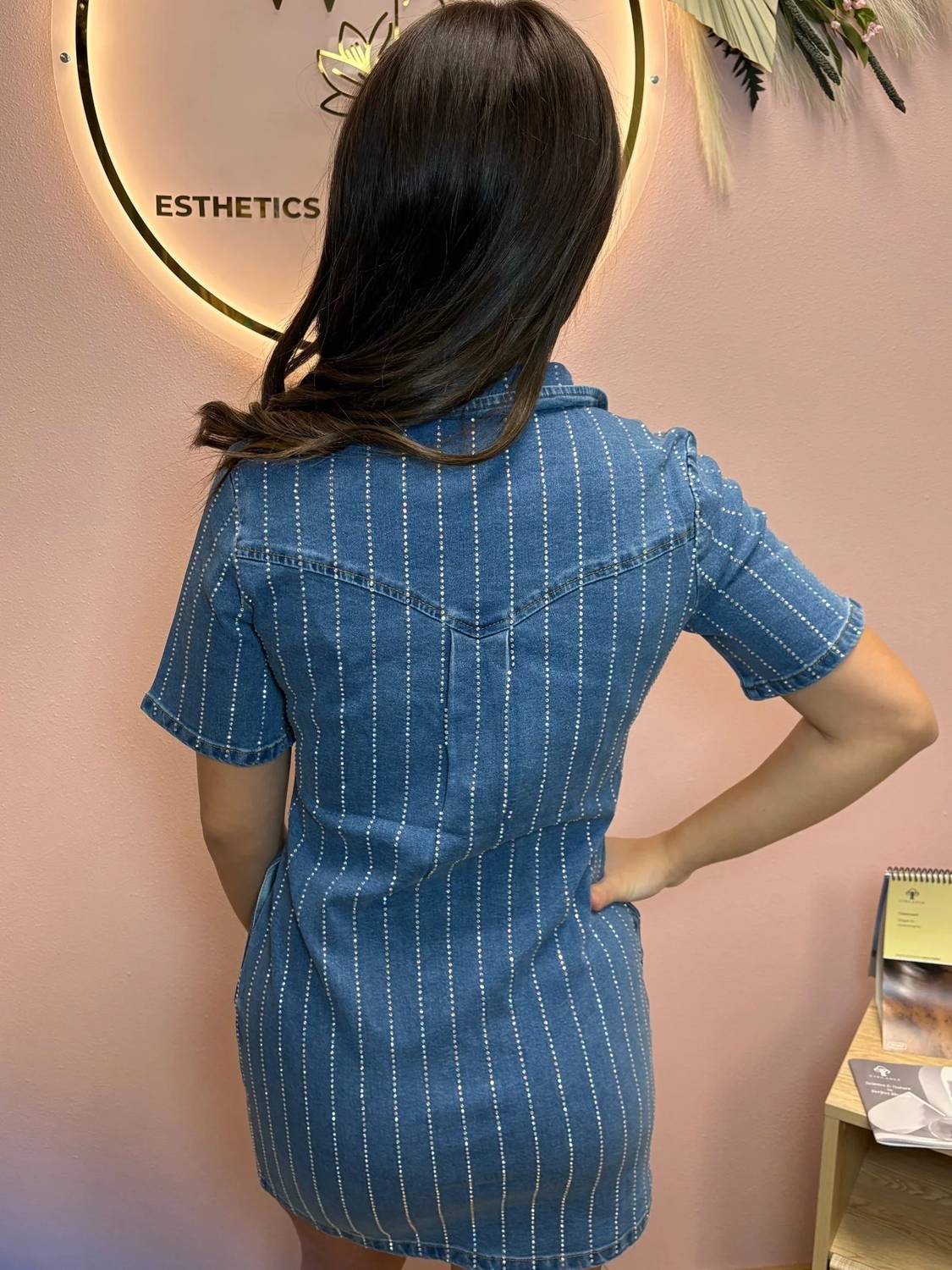 Lucky & Blessed - Denim Rhinestone Striped Western Mini Dress