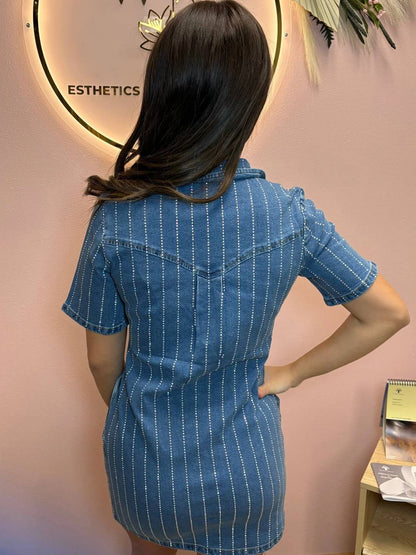 Lucky & Blessed - Denim Rhinestone Striped Western Mini Dress