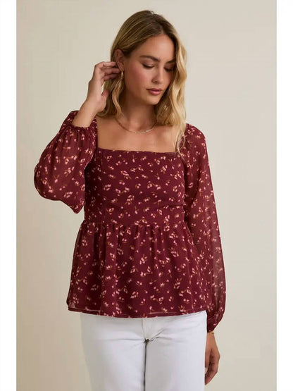 Gilli - Square Neck Puff Long Sleeve Smocking Back Ditsy Top