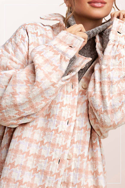 La Miel - Oversized Houndstooth Patterned Soft Brushed Shacket