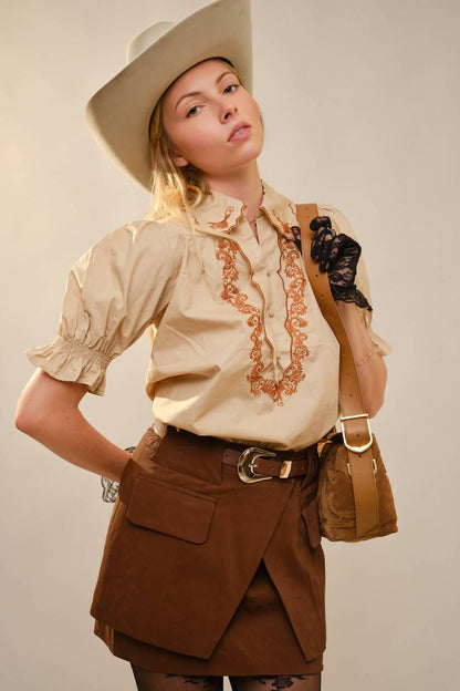 Blue B - Embroidered Scallop Collar Puff Sleeve Top