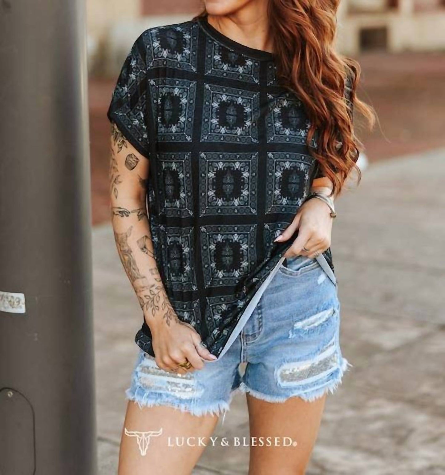 Lucky & Blessed - Western Bandana Print Rolled Cuff Short Sleeve Top
