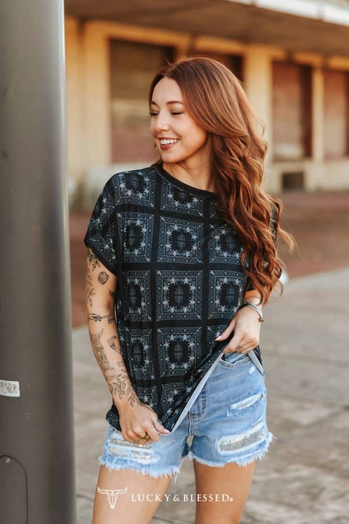 Lucky & Blessed - Western Bandana Print Rolled Cuff Short Sleeve Top