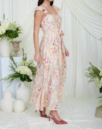 Blu Pepper - Floral Waist Tie Front Slit Sleeveless Midi Dress