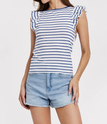 Another Love - Akiko Ruffle Sleeve Striped Boat Neck Ribbed Top