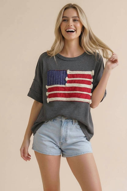 Haptics - Embroidery Braided Stripe American Flag Top