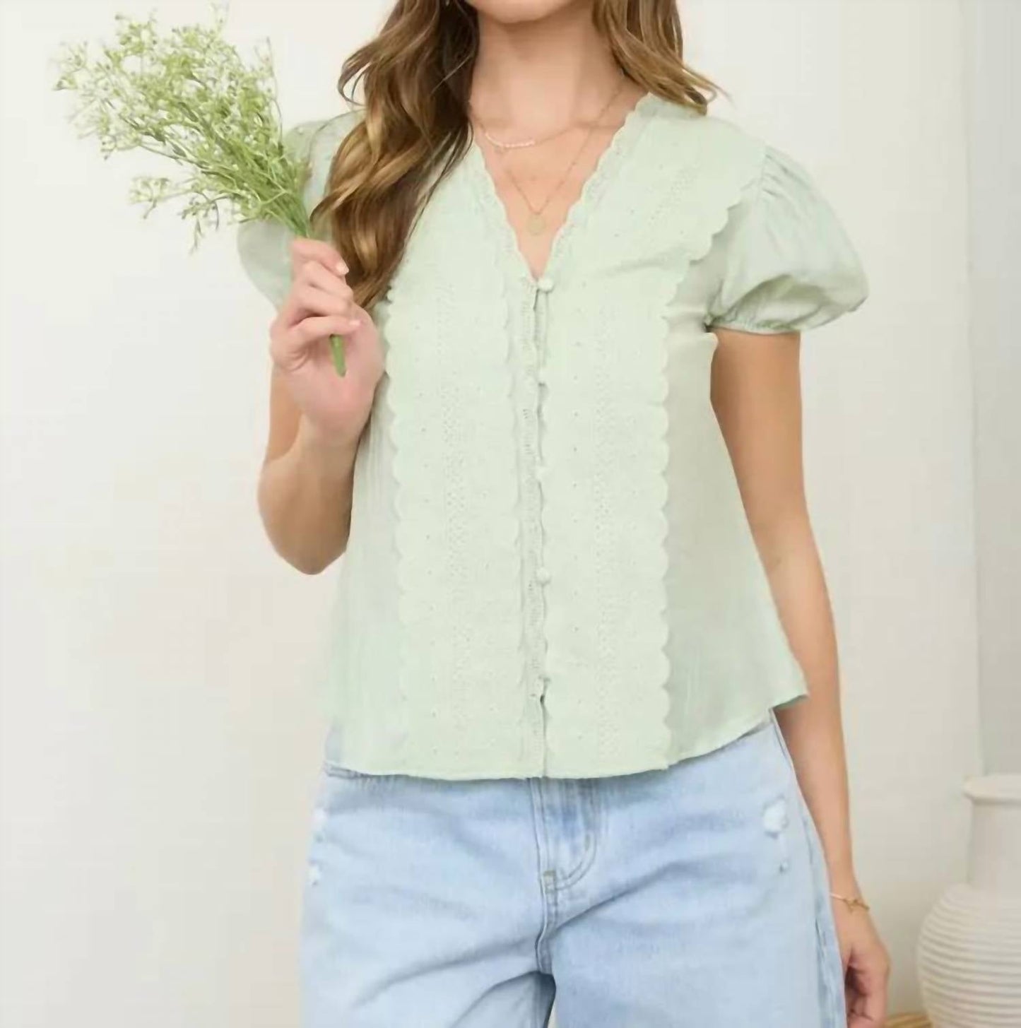 Blu Pepper - Lace Detail Puff Sleeve Button Down Blouse