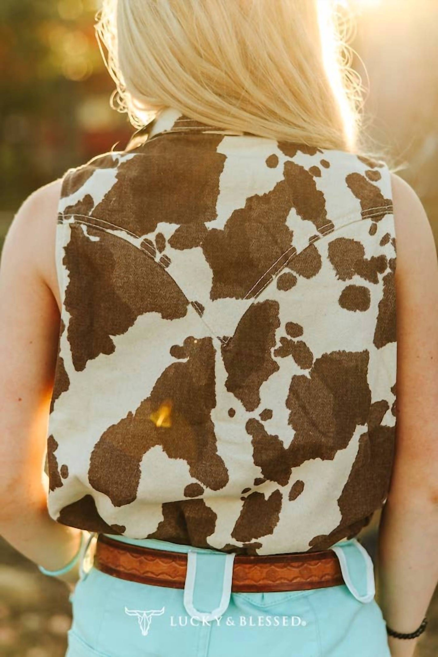 Lucky & Blessed - Sleeveless Cowhide Print Denim Western Shirt With Pearl Snaps