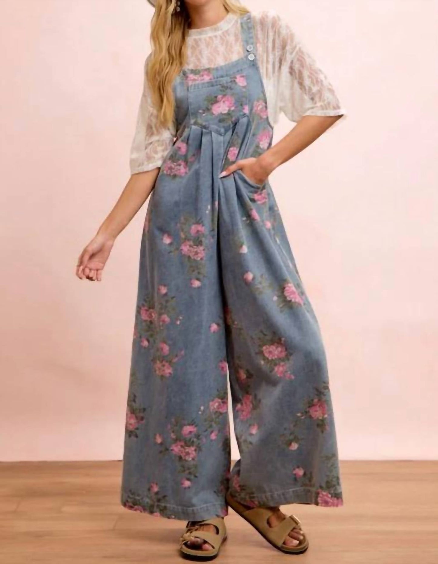 Bibi - Flower Print Washed Denim Wide Leg Jumpsuit