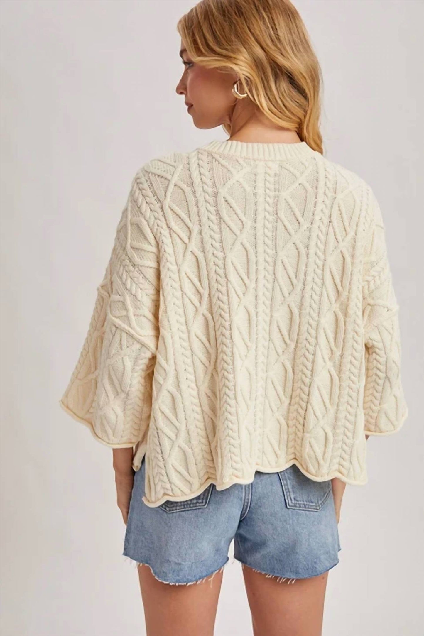 Bluivy - Oversized Bell Sleeve Cable Knit Sweater