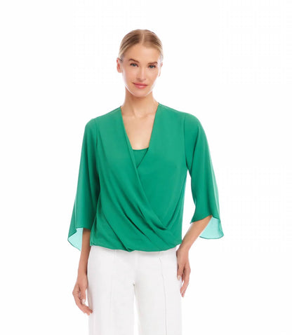 Karen Kane - Bracelet Sleeve Drape Front Crossover Top - Petite
