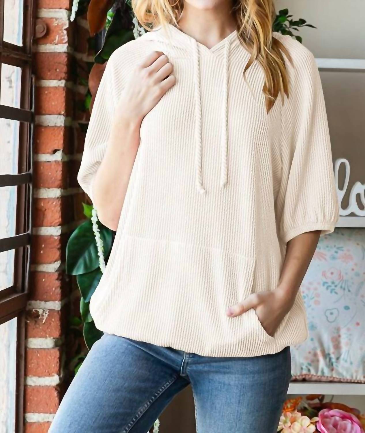Heimish Usa - Dolman Short Puff Sleeve Ribbed Hoodie