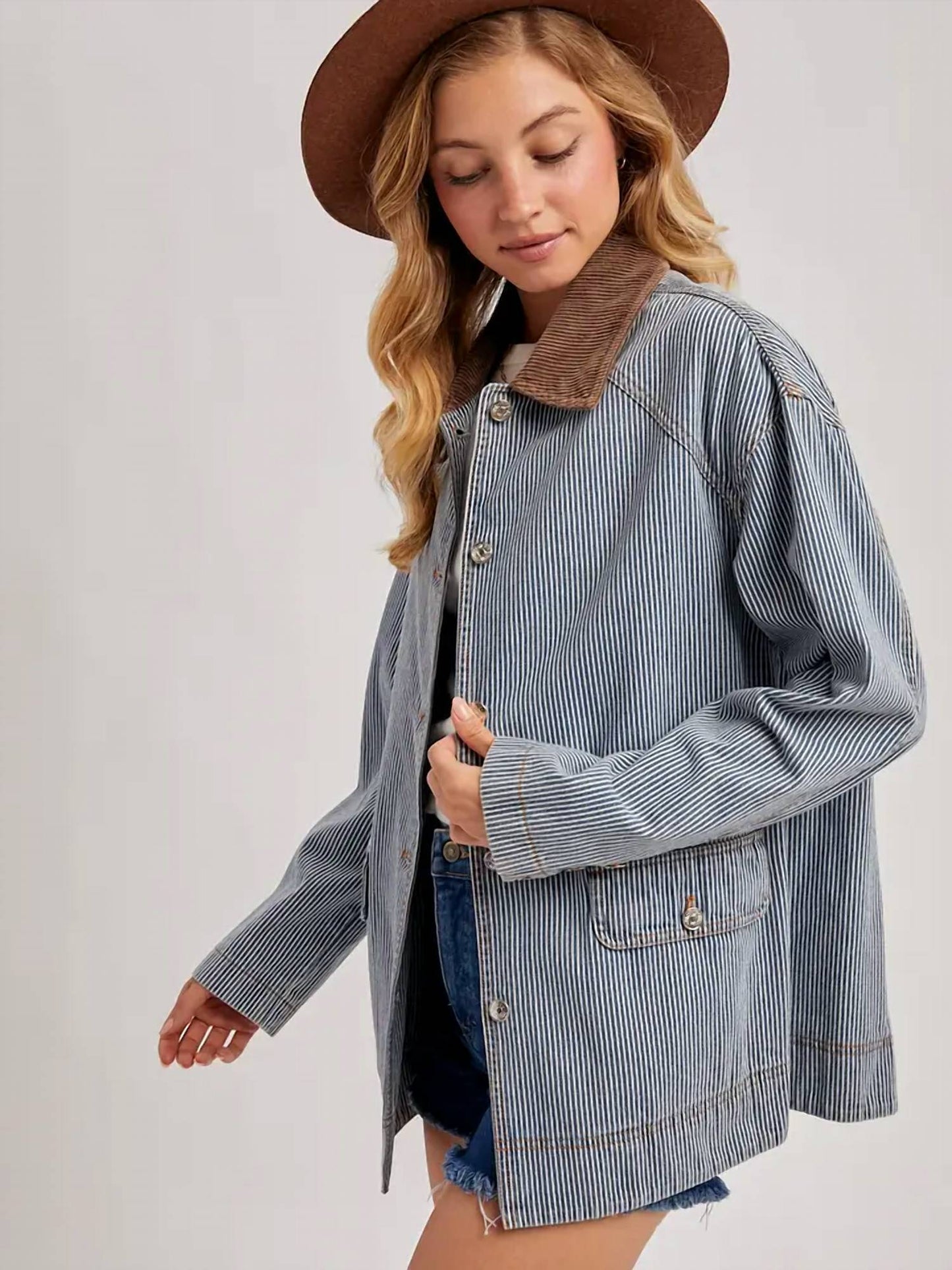 Bluivy - Corduroy Collar Contrast Barn Coat